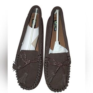 Womens Dark Brown Suede Moccassins Rubber Bottom With Tassles Size 8